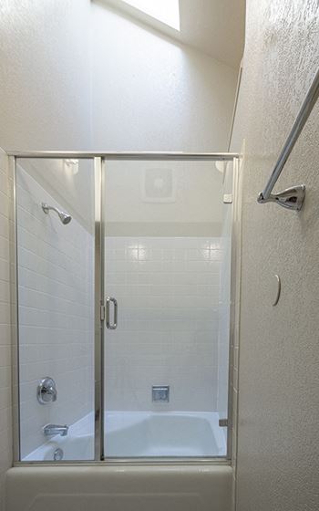 Enclosed shower in master bathroom with a skylight